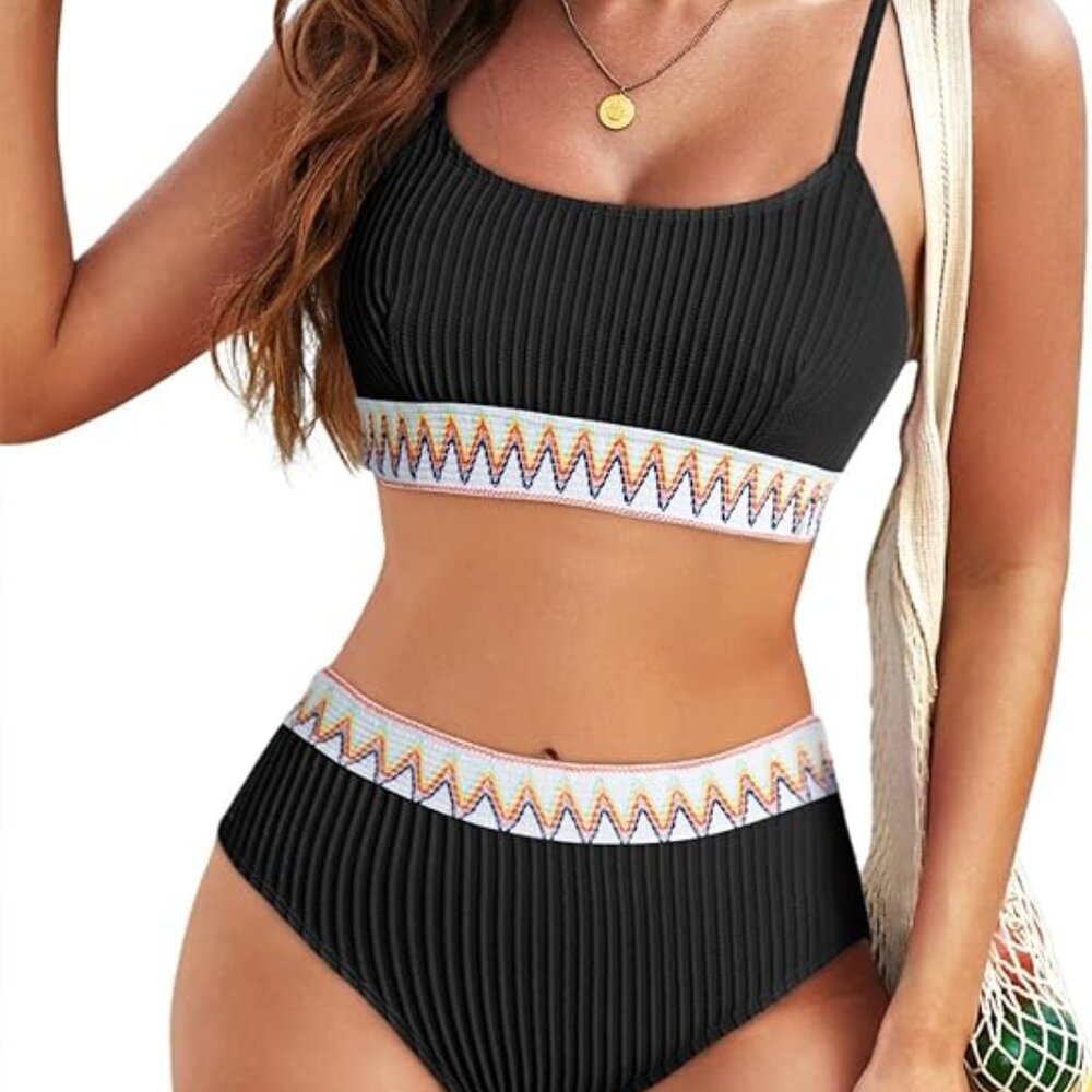 Herseas Women's Bikini Set Chevron Colorblock 2 Piece High Waisted Swimsuit S